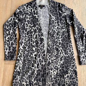 Charter Club Luxury Cashmere Open Front Cardigan Black Gray Leopard Print